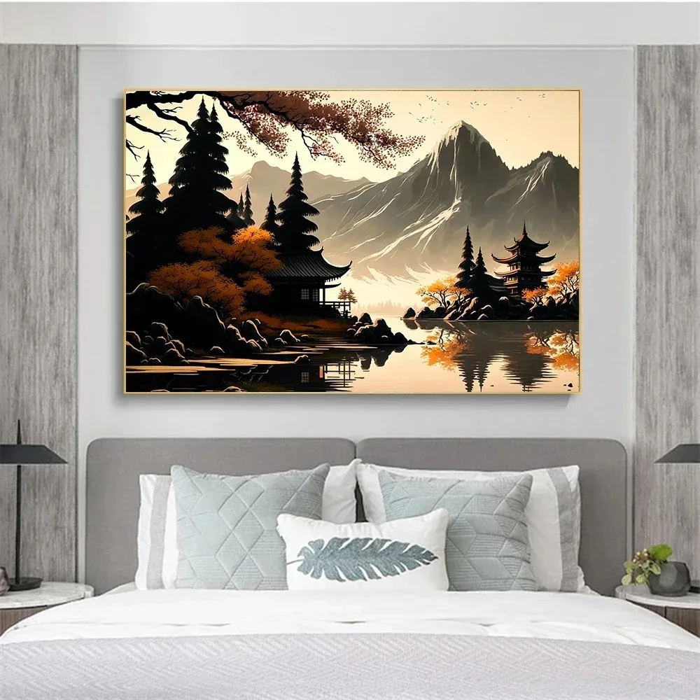 1Pcs Japan Wall Art Canvas Painting Bedroom Interior Paintings Cherry Blossoms Home Decor Sunrise Scenery Mount Fuji Living Room