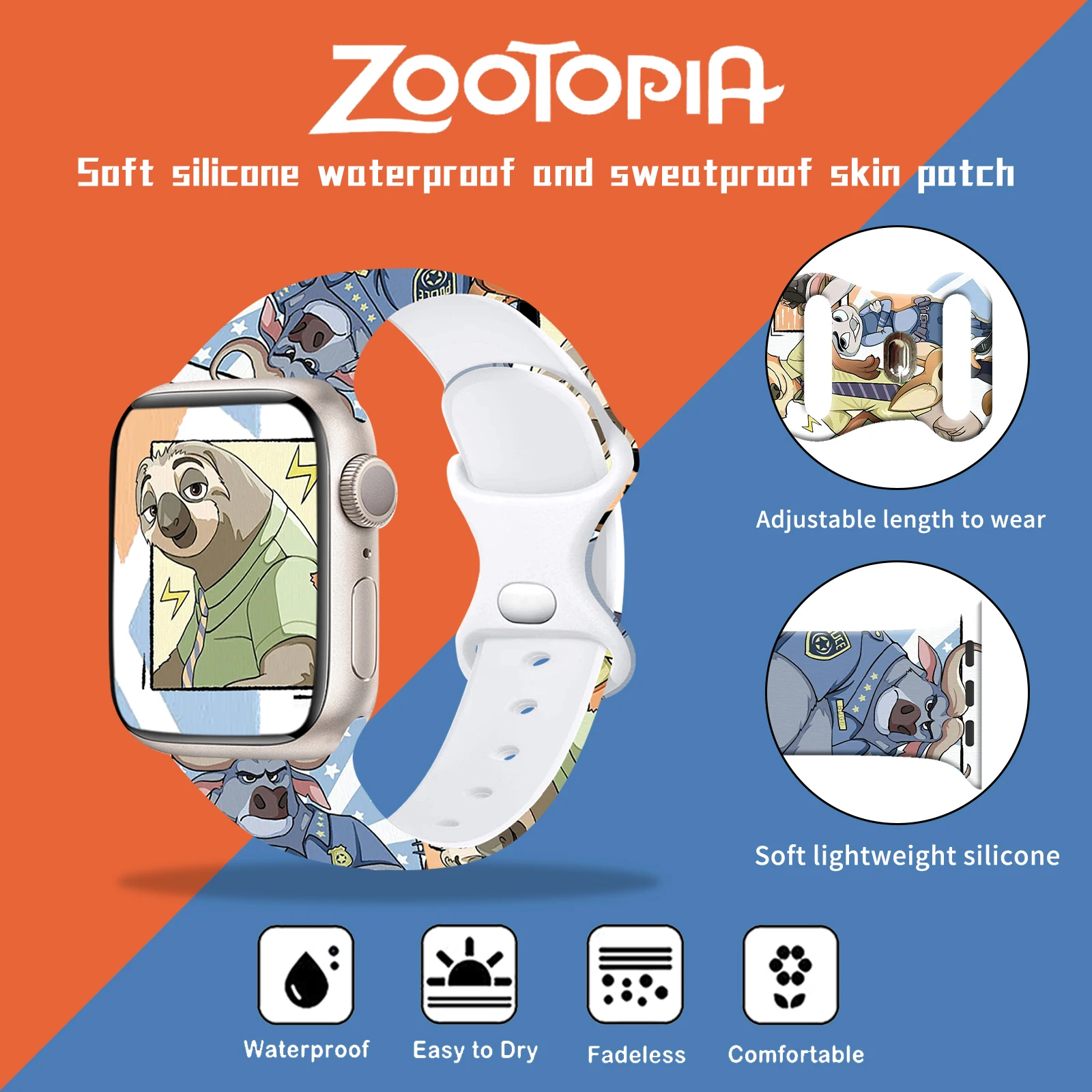 ディズニー-Apple Watch用のZootopiaシリコンストラップ,iwatch用の交換可能なブレスレット,9,8,7,se,6,45mm, 44mm, 42mm, 41mm