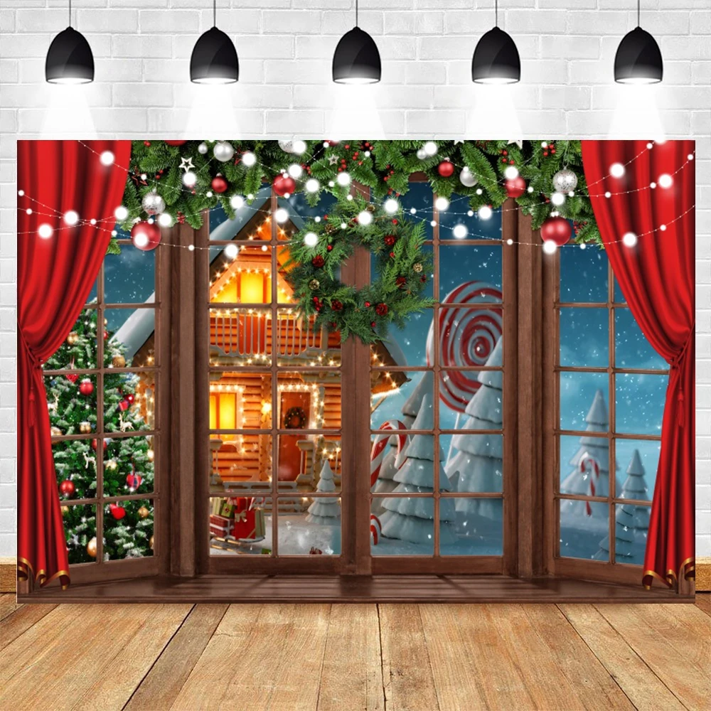 Christmas Fireplace Photography Backdrops Xmas Tree Window Christmas Eve Background Family Party Decor Banner Photobooth Props