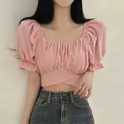 2025 Summer Lace Up Backless Top Elegant Youth Woman Tshirt Chic Korea Fashion Short Sleeve Tee Shirt Low Cut Sexy Solid T-shirt