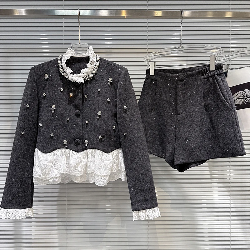 Winter New Beaded Diamond Down Lined Short Coat High Waist Woolen Shorts Two-Piece Set French Style Fashion Elegant Set