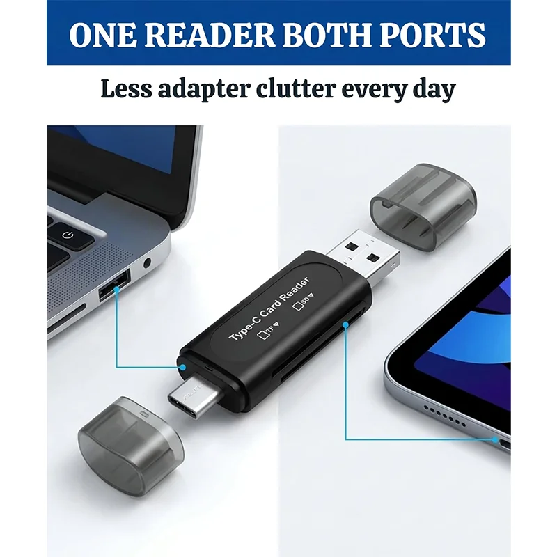 3-Pack USB C & USB A Card Reader, 4-in-1 Dual Slot SD/TF Memory Card Adapter Plug & Play for PC, Laptop, Tablet, Phone – Portabl