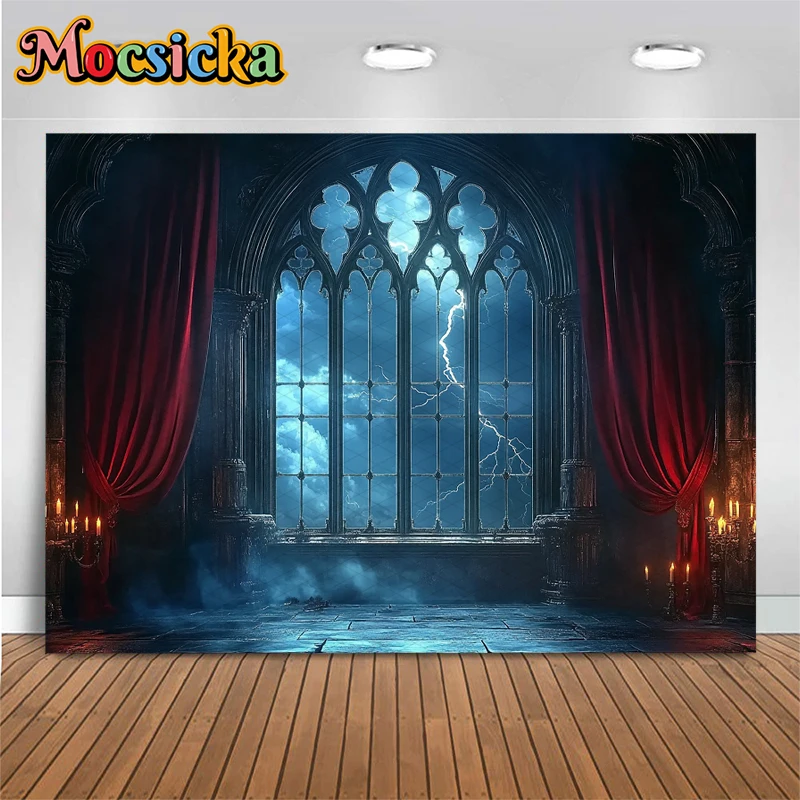 Mocsicka Halloween Background Night Terrible Lightning Ancient Castle Home Indoor Decorations Kid Portrait Photo Backdrop Banner