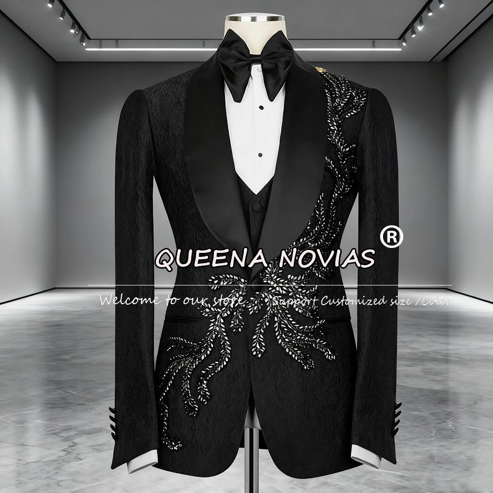 

Роскошные мужские костюмы по индивидуальному заказу с шалью и лацканами, свадебные смокинги для жениха, комплекты из 3 предметов, мужские пиджаки для выпускного вечера, вышивка бисером, камни, trajes para hombre