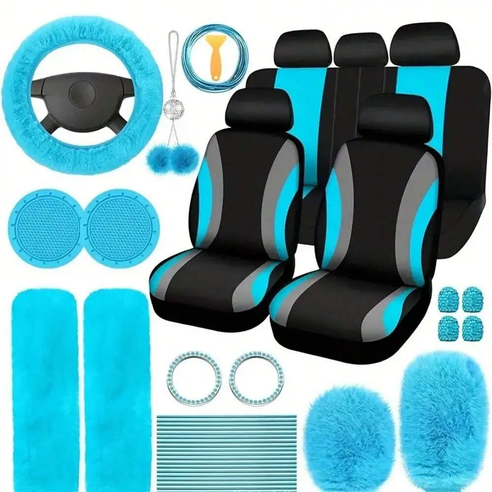 

Car Seat Cover Set With Steering Wheel Cover, Cup Holder Coasters, Shoulder Pads, And Accessories Polyester Fabric Interior Deco