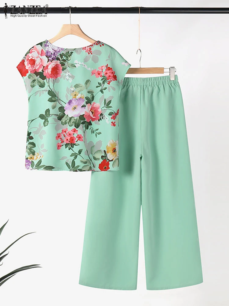 ZANZEA Fashion Holiday 2-Piece Sets Elegant Floral Print Square Collar Top Women Casual Pant Sets Wide Leg Trouser 2pcs Outfits