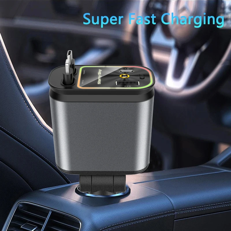 

Upgraded 120W PD+USB Quick Charger with 2 Retractable Cable Fast Charging Car Phone Charge w/ Ambient light 4 in 1 Power Adapter