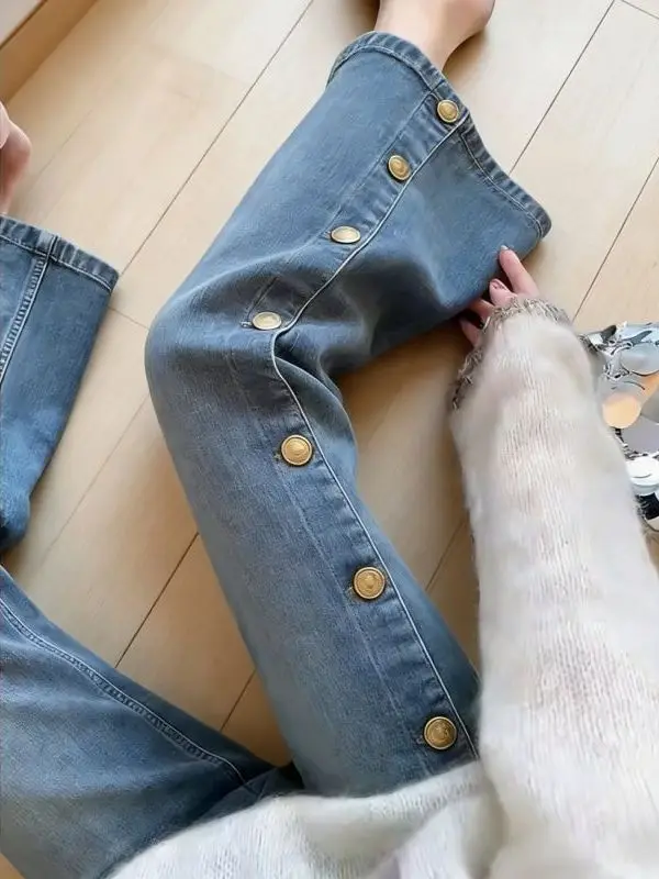 High Waist Bell Bottom Denim Jeans Women's Blue Button Design Straight Leg Slimming Nine Point Pants Spring New Style