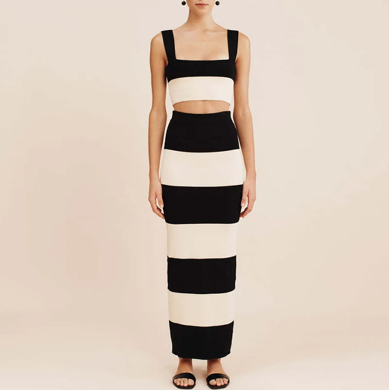 

Элегантный жилет без рукавов и длинная юбка, костюм, женский модный ажурный свитер, комплекты из 2 предметов, черно-белая вязаная одежда в полоску с принтом