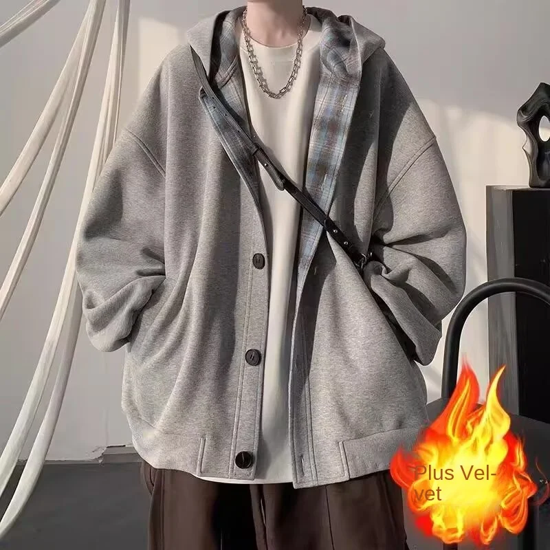 

Japanese retro solid color plaid hooded cardigan, fake two-piece hoodie, men's and women's spring and autumn casual loose couple