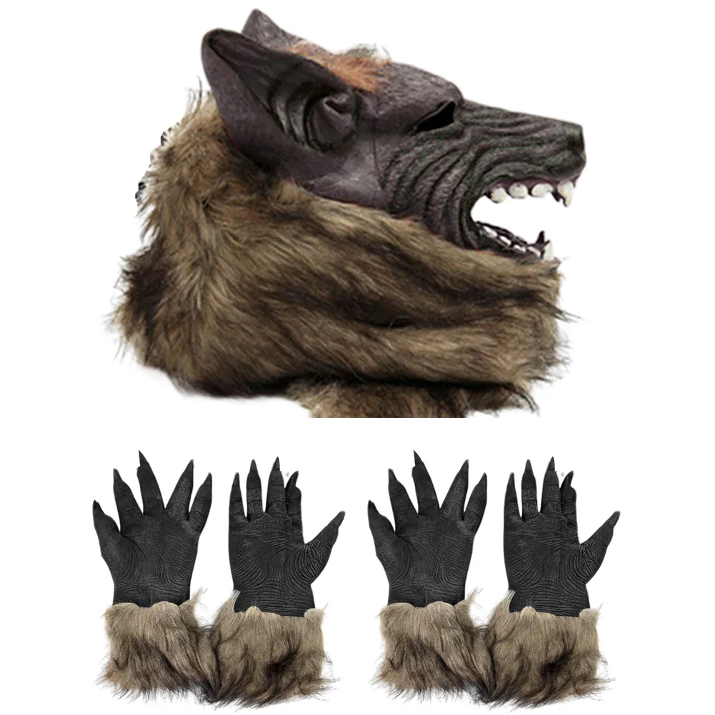 Halloween Theme Wolf Gloves and Mask Halloween Wolf Cosplay Costume Props for Themed Party Supplies