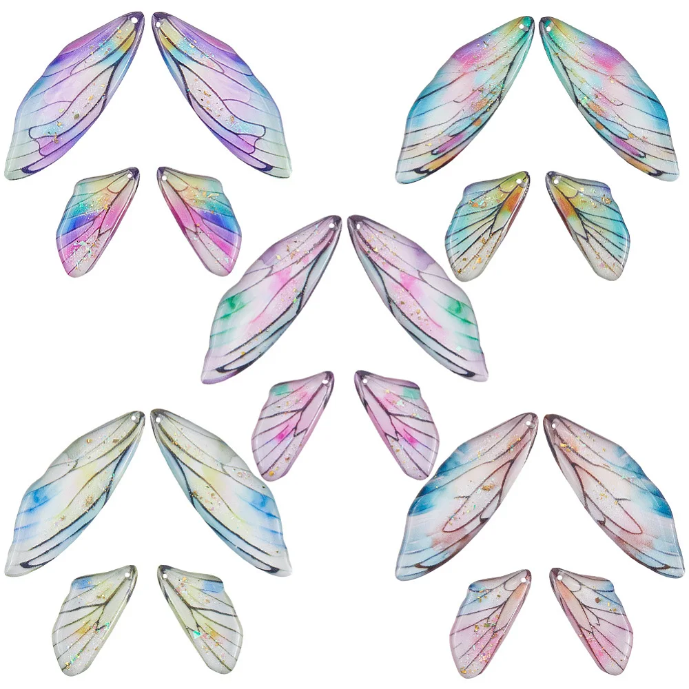 1 Box 5 Sets 5 Colors Fairy Wing Charm Resin Butterfly Wing Charms Bulk with Gold Foil Colorful Glitter Animal Angel Feathers