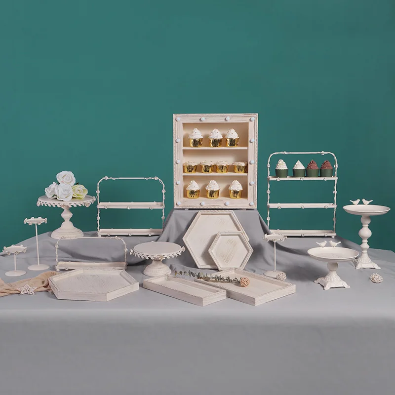 European Retro White Wooden Dessert Table Wedding Display Shelf Cake Doughnut Stand Exquisite Tea Break Tray