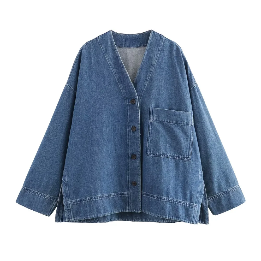 Kar&Otza 2024 new summer women's French shirt casual loose and versatile V-neck long sleeved denim jacket