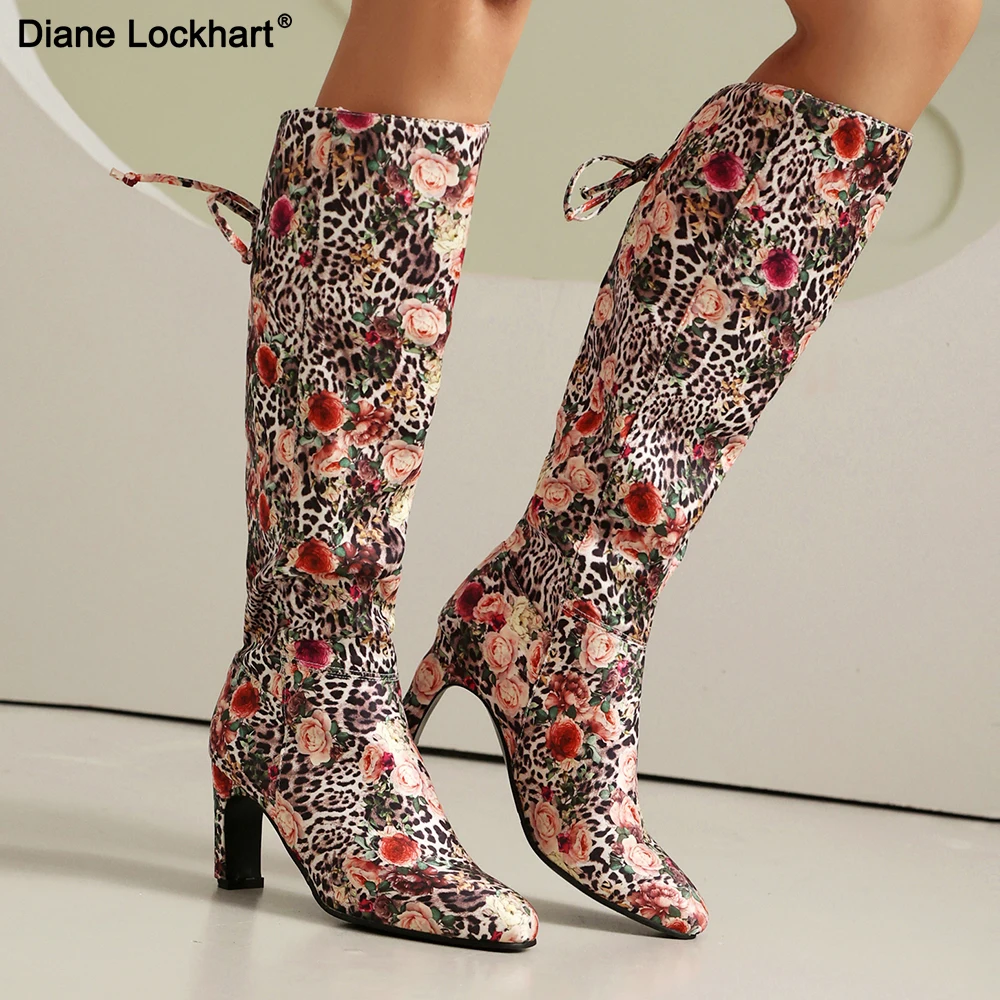 2024 Autumn Winter New Printed Long Boots Fashionable High-heeled Knee High Boots Sexy Women's Fashion Shows pointed toe Shoes