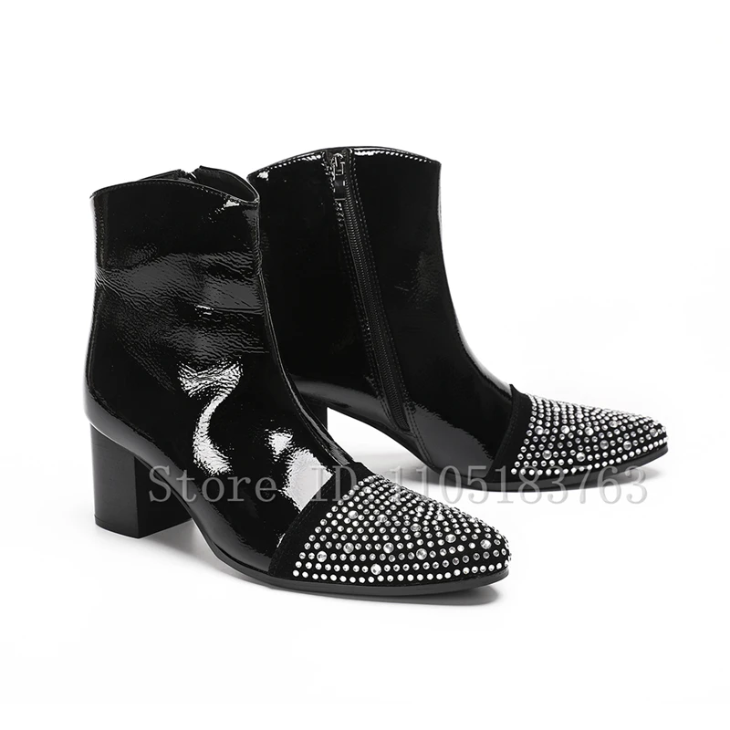Black Patent Leather Men Ankle Boots Sparkly Rhinestone Decor Pointed Toe Chunky Heel Booties Luxury Evening Prom Wedding Shoes