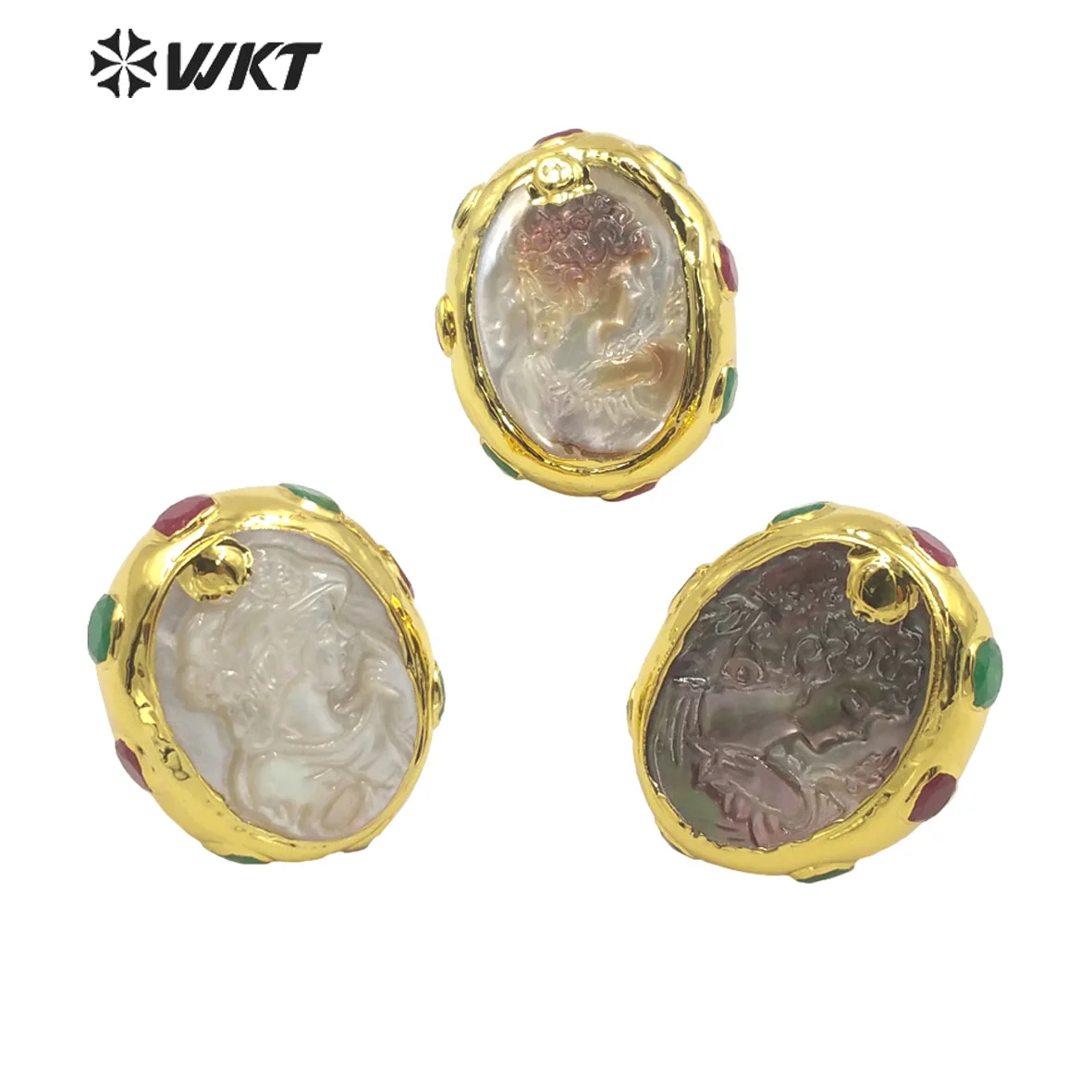 

WT-MPR031 WKT Newest Design Shell Rings Round Shape Gold Plated Natural Gemstones Adjustable Open Ring Jewelry Women Gift