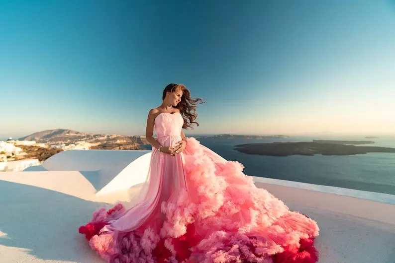 Increíble vestido de novia con volantes para fotografía, vestido de novia bohemio de tul esponjoso de colores mezclados para Sesión de fotos, vestido de maternidad de playa