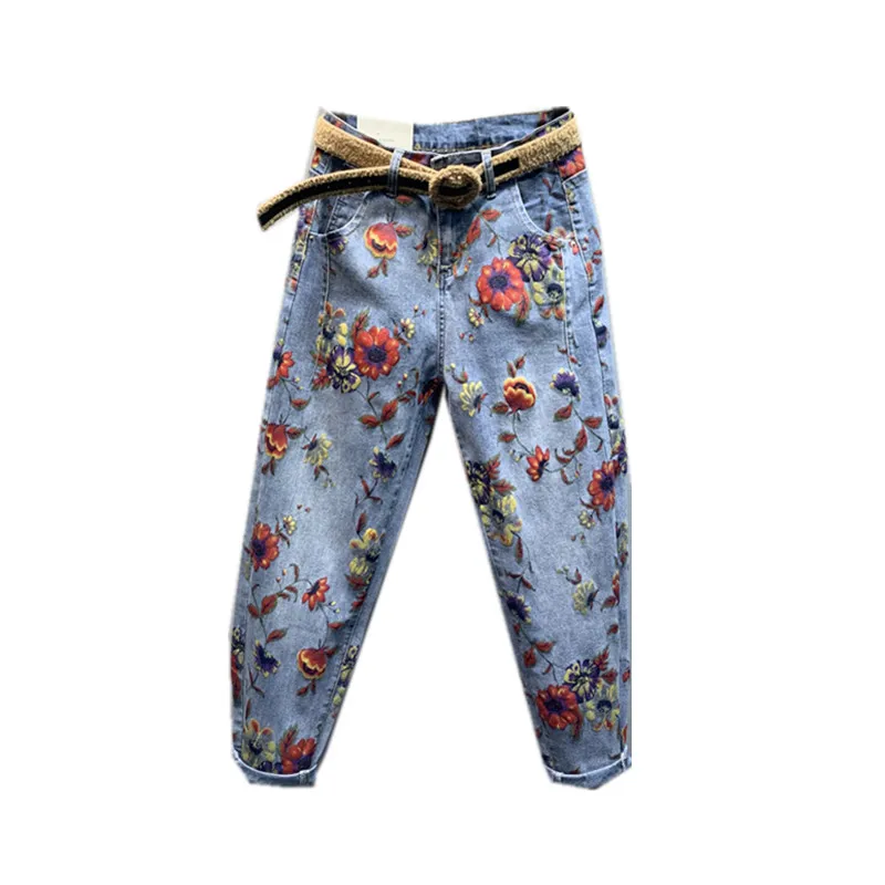 Imagem -06 - Jeans Jeans Solto Azul Claro Feminino Calça Harém até o Tornozelo Calça Casual Estampa de Flores Grande Tamanho Novo 2023