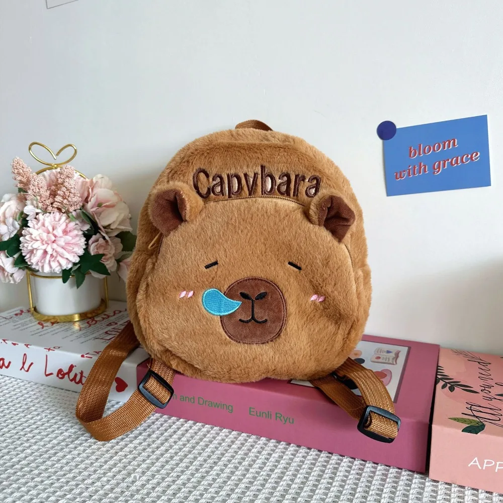 

Cute Thickened Capybara Plush Backpack Embroidered Lightweight Cartoon Animal Daypack Brown Soft Large Capacity School Bag Gifts