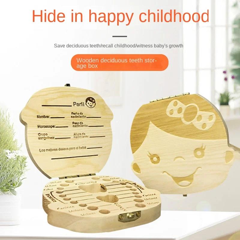 Baby Milk Tooth Box Wooden Teeth Collect Storage for Boys Girls Umbilical Save Case English Spanish French Russian German