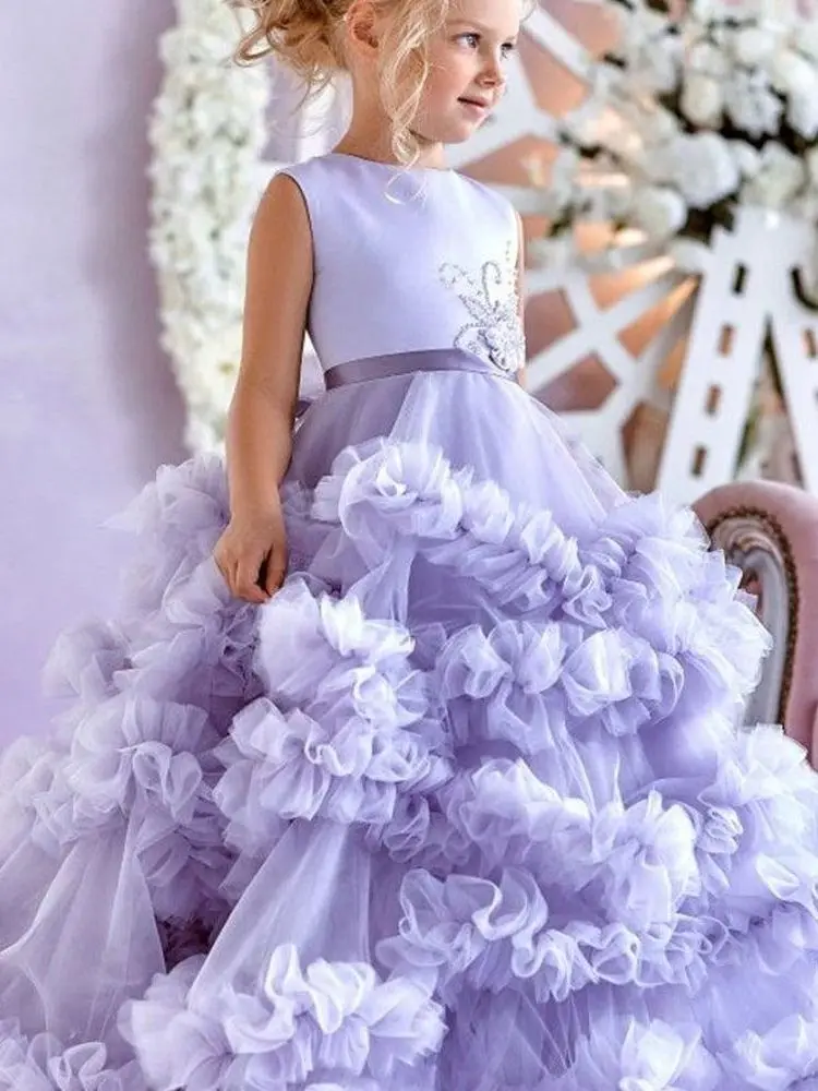 Geschwollene lila Blumen mädchen Kleider für Hochzeit Prinzessin abgestufte rücken freie Kleinkind Festzug Kleider Tüll boden lange Kinder Abschluss ball tragen