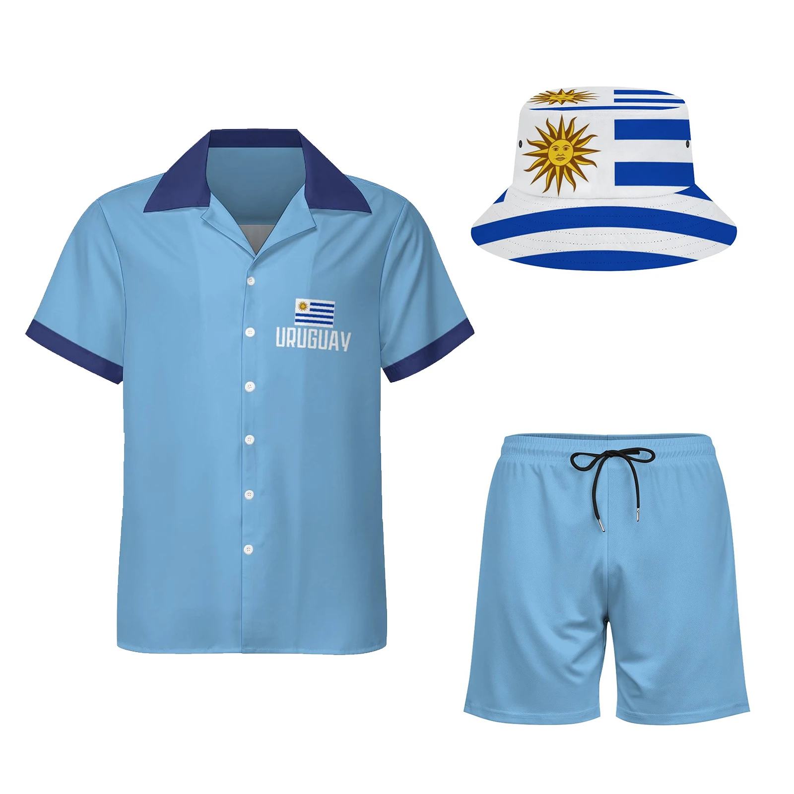 

Men's Uruguay Flag Summer Outfit – Hawaiian Shirt and Shorts Set with Bucket Hat 3PCS Patriotic Style Beachwear for Men