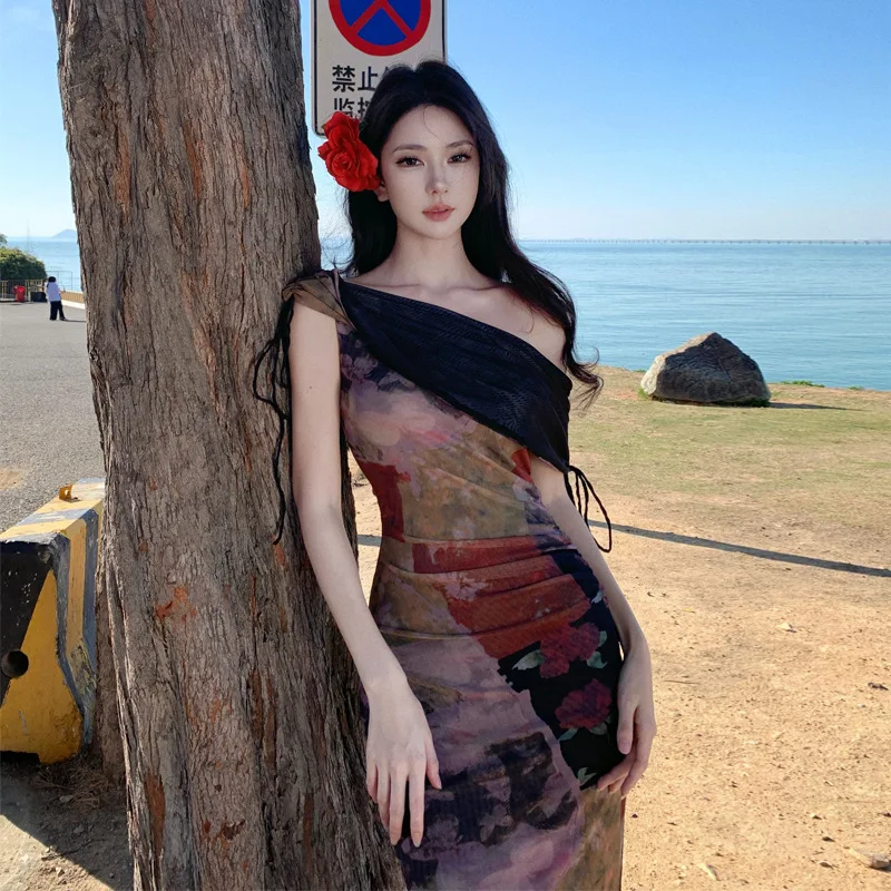 French Off-Shoulder Swing Collar Printed Mesh Dress For Women Summer Cheongsam Sexy Slim Fit Mermaid Bodycon Long Dress