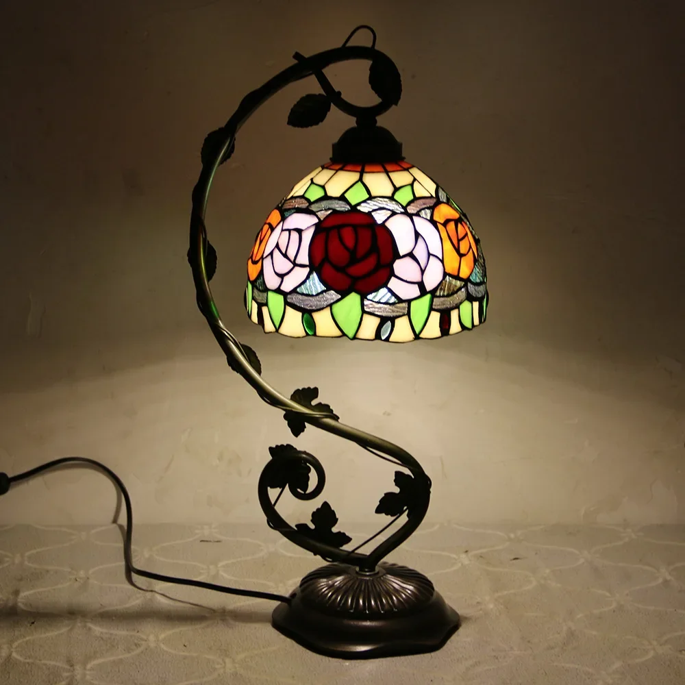 

Table lamp, handmade, inlaid, stained glass, pastoral, creative, alloy, vine, leaf