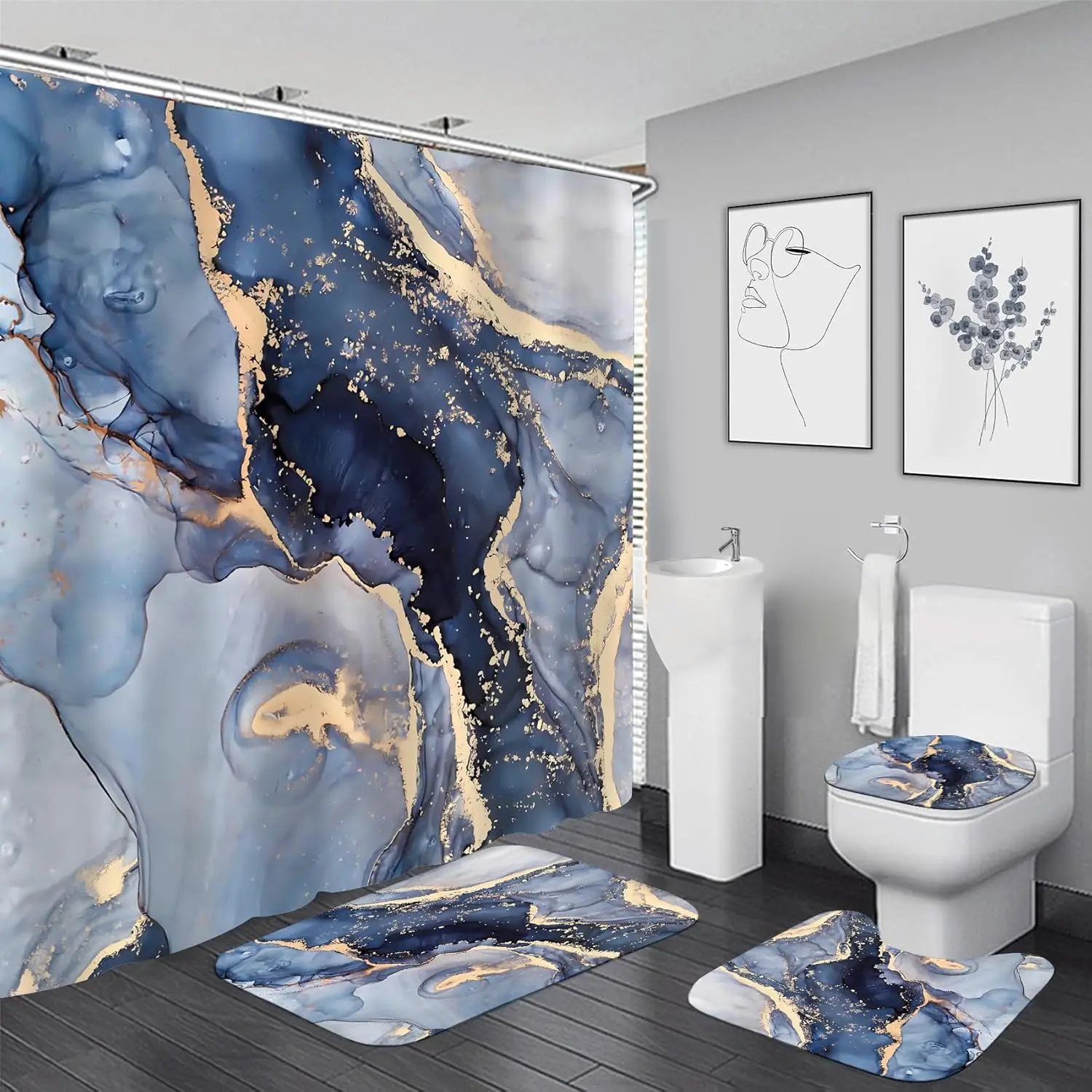 

4-Piece Blue Marble Shower Curtain Set with Rugs, Hooks, and Toilet Lid Cover - Modern Abstract Bathroom Decor