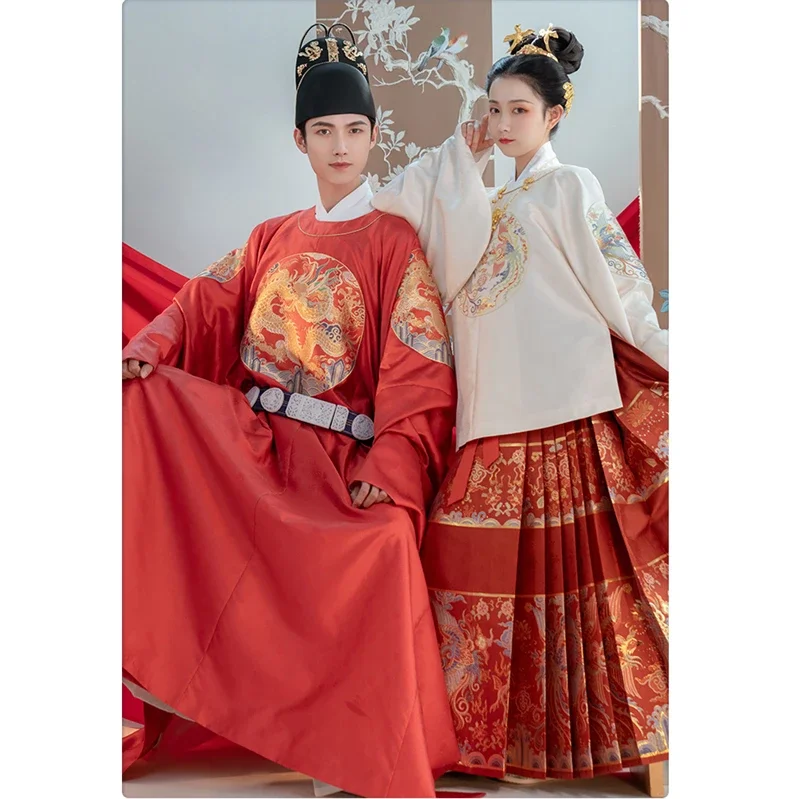 HanTang Original 3 Colors Spring Ming Dynasty Round Neck Robe Wedding Dress Mens Women Cp Red Dragon Hanfu Belt Warrior Costume