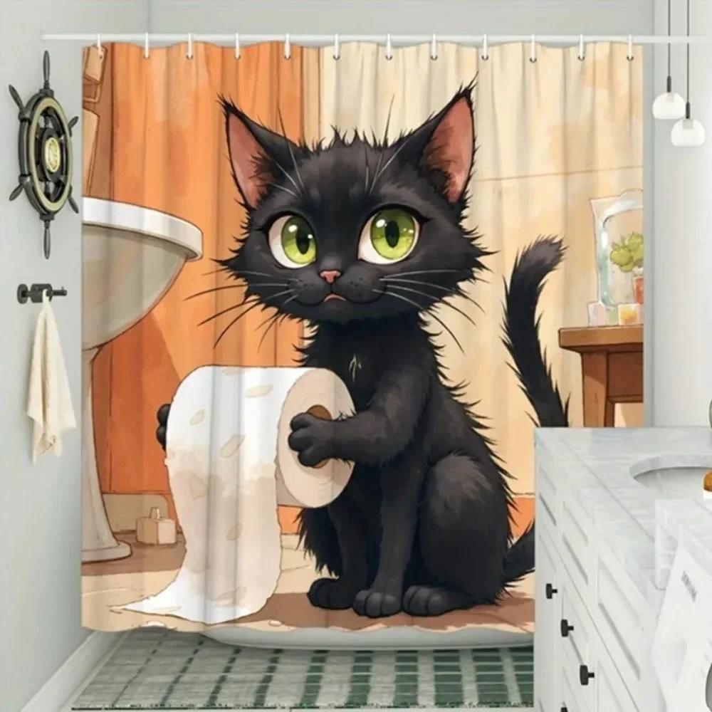 1pc Black Cat Toilet Paper Shower Curtain - Green Eyes, Slightly Annoyed, Earthy Tones, Polyester, Humorous Design