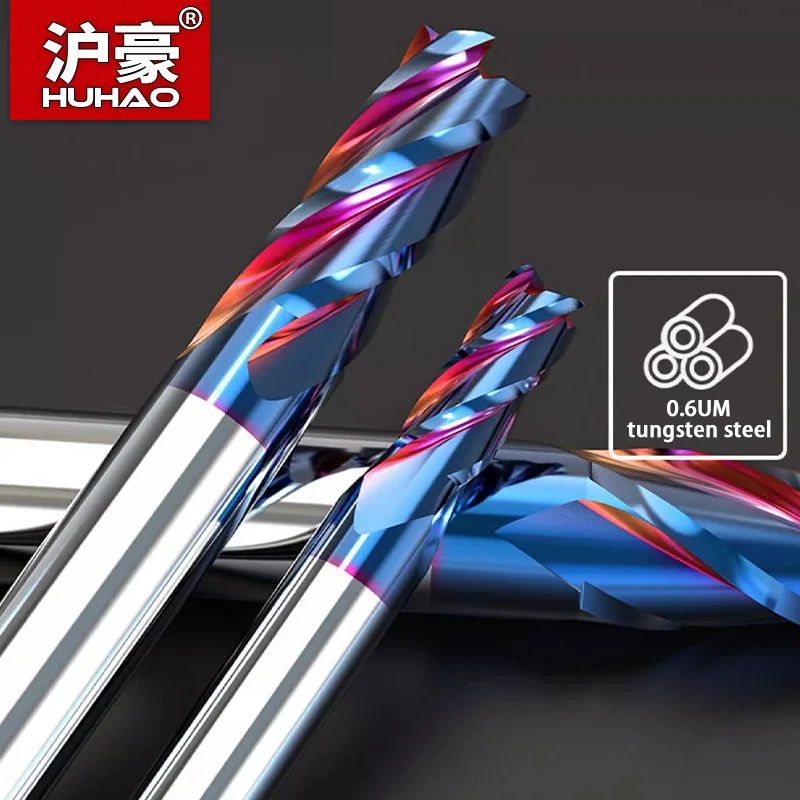 HUHAO Milling Cutter Aluminium HRC65 Carbide End Mill 4 Flute 6mm 8mm CNC Machine Tool Nano-Coating Cutter Cuts Metal Steel