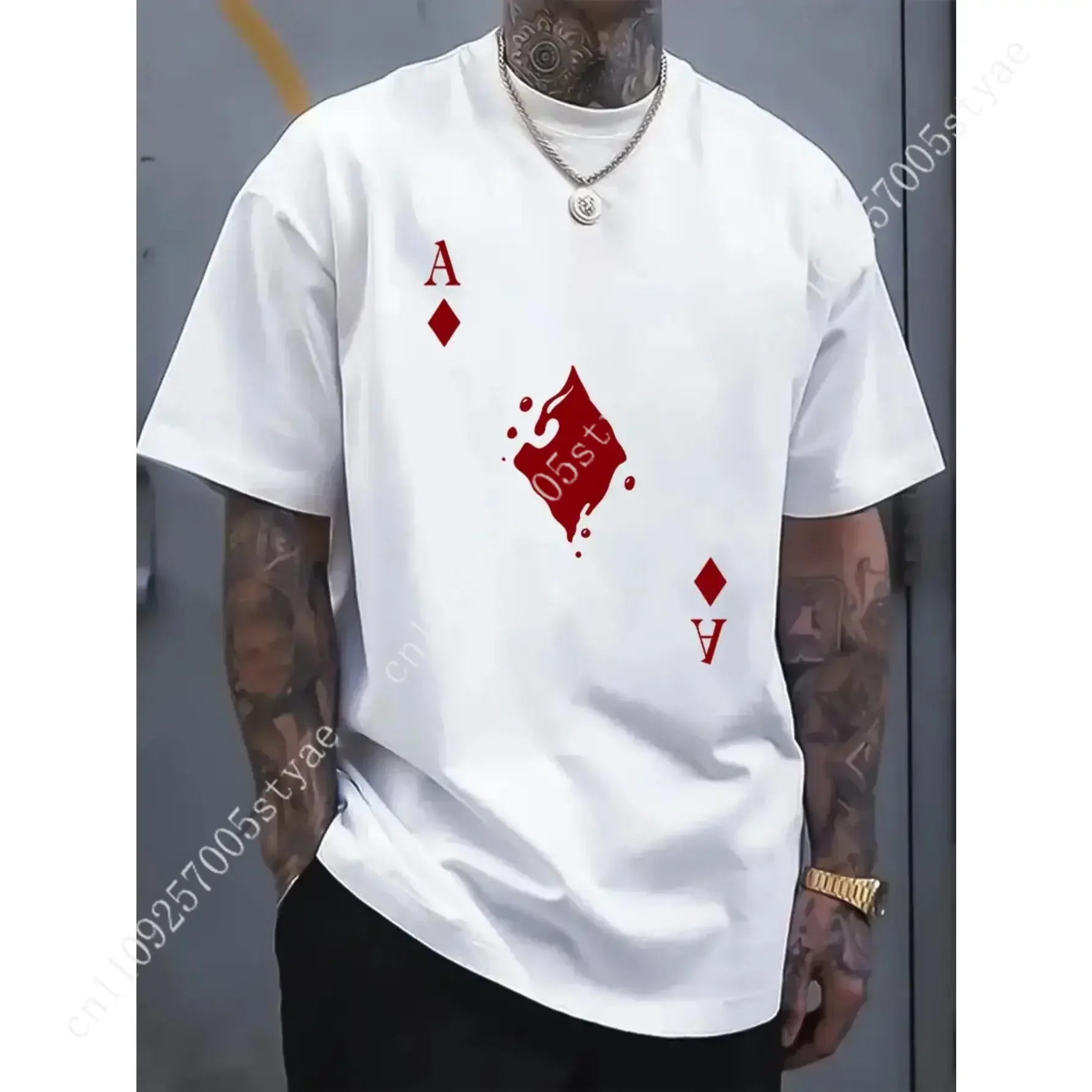 Men's cotton crew neck t-shirt with bold Ace of Spades graphic print, regular fit stretch knit fabric, white casual short sleeve