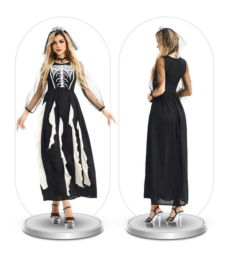 

Halloween Day of The Dead Costume Cosplay Horror Bride White Skull Pattern Dress Gothic Theme Party Role Playing Female