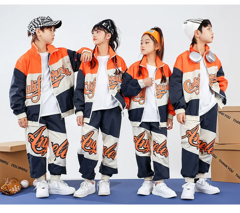 Jungen Hip Hop Baseball Jacke Street Dance Lose Hosen Mädchen Kontrast Mantel Jogger Kinder Jazz Sport Kleidung Sets Kind Streetwear – Detail 5