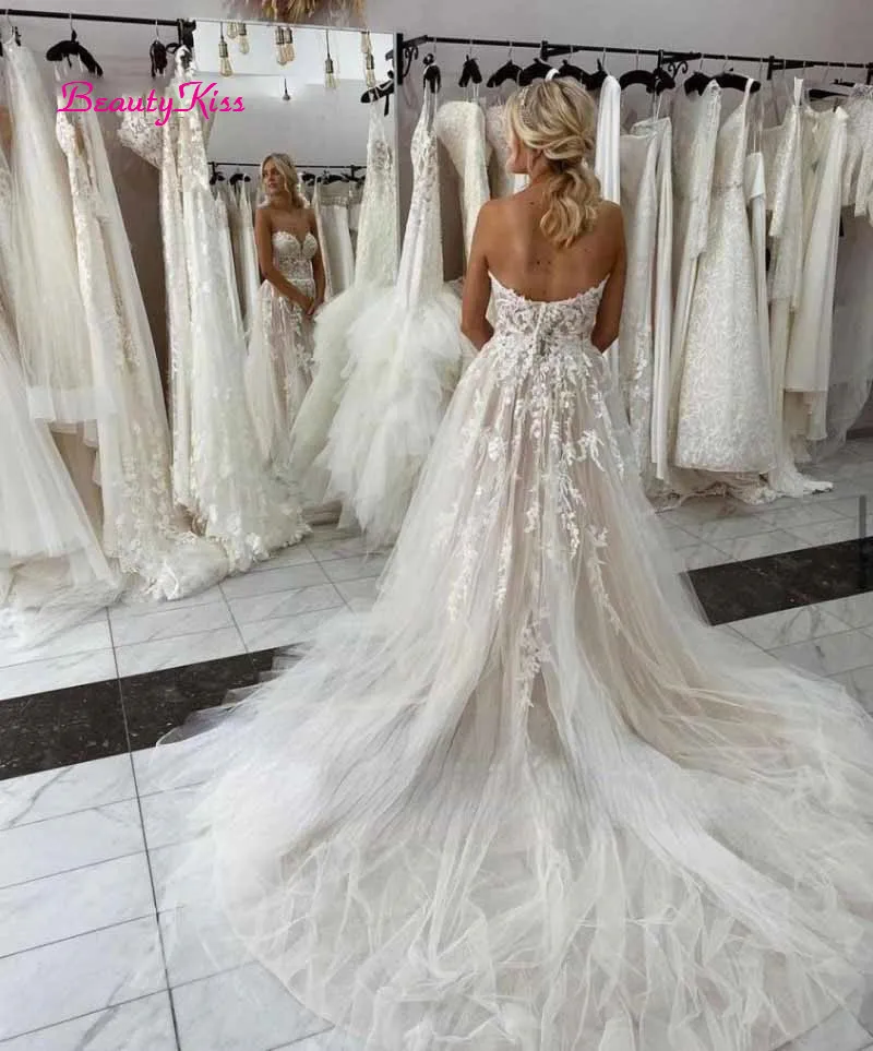 Romântico vestidos de casamento querida renda boho vestidos de casamento sexy lado dividir tule aberto voltar vestido de noiva sukienka na wesele