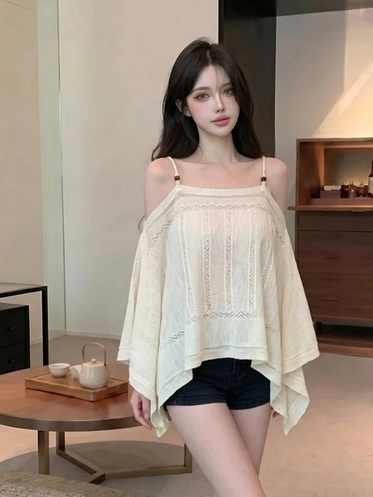 Retro Beaded Shoulder Bared Knitwear Loose Summer Casual Women's Top Elegant Slimming Vintage Style Holiday Mood Outerwear