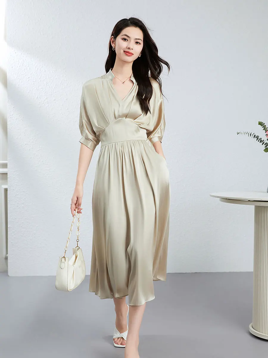 Women 19MM 92.3% Silk Elegant Dress, V Neck Half Sleeve Solid, Office Lady Fashion Dresses, 2025 Summer New