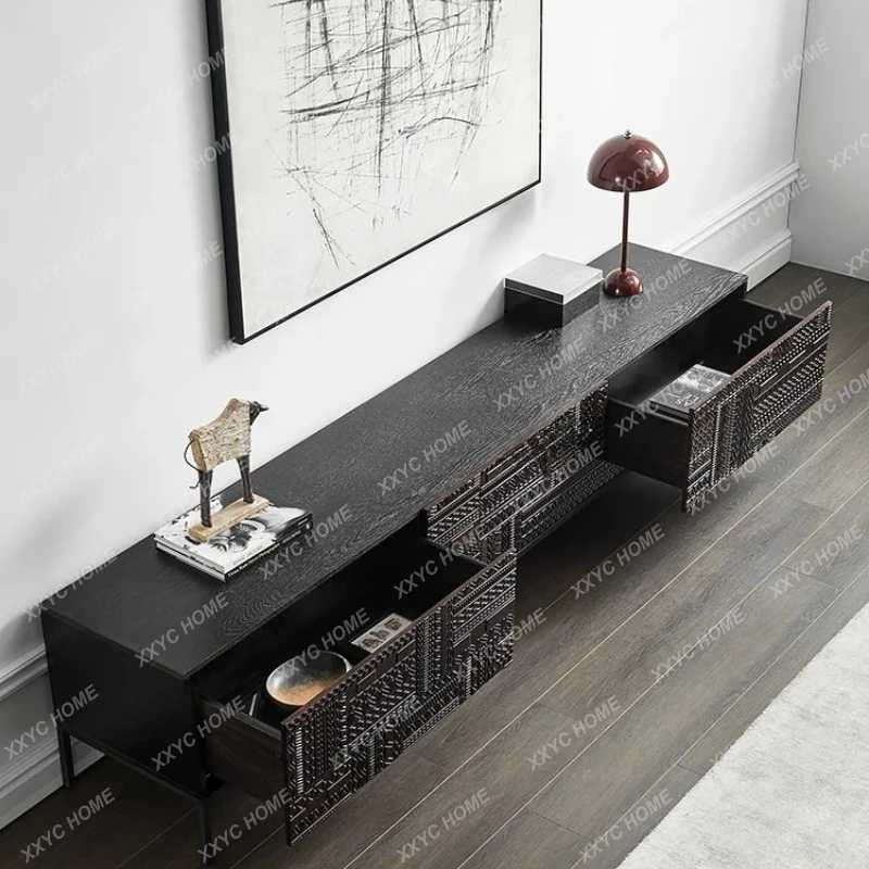 

Ретро-тумба под телевизор в стиле ваби-саби из массива дерева с резьбой, в средневековом индустриальном стиле, из тика