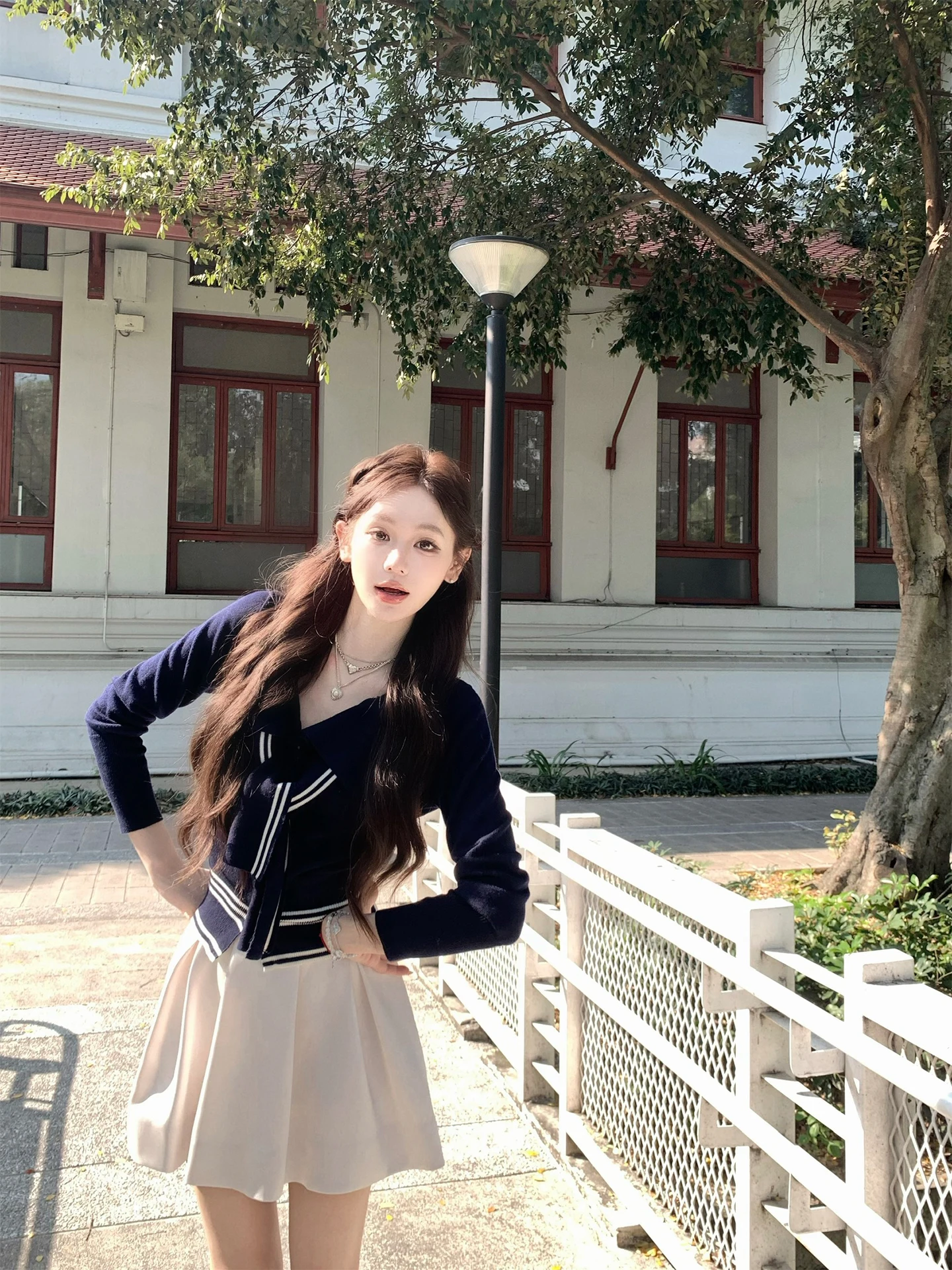 

Корейский вязаный шерстяной топ Pinky Piggy с воротником-бантом, синий, женский, модный, приталенный, с длинными рукавами, круглый вырез