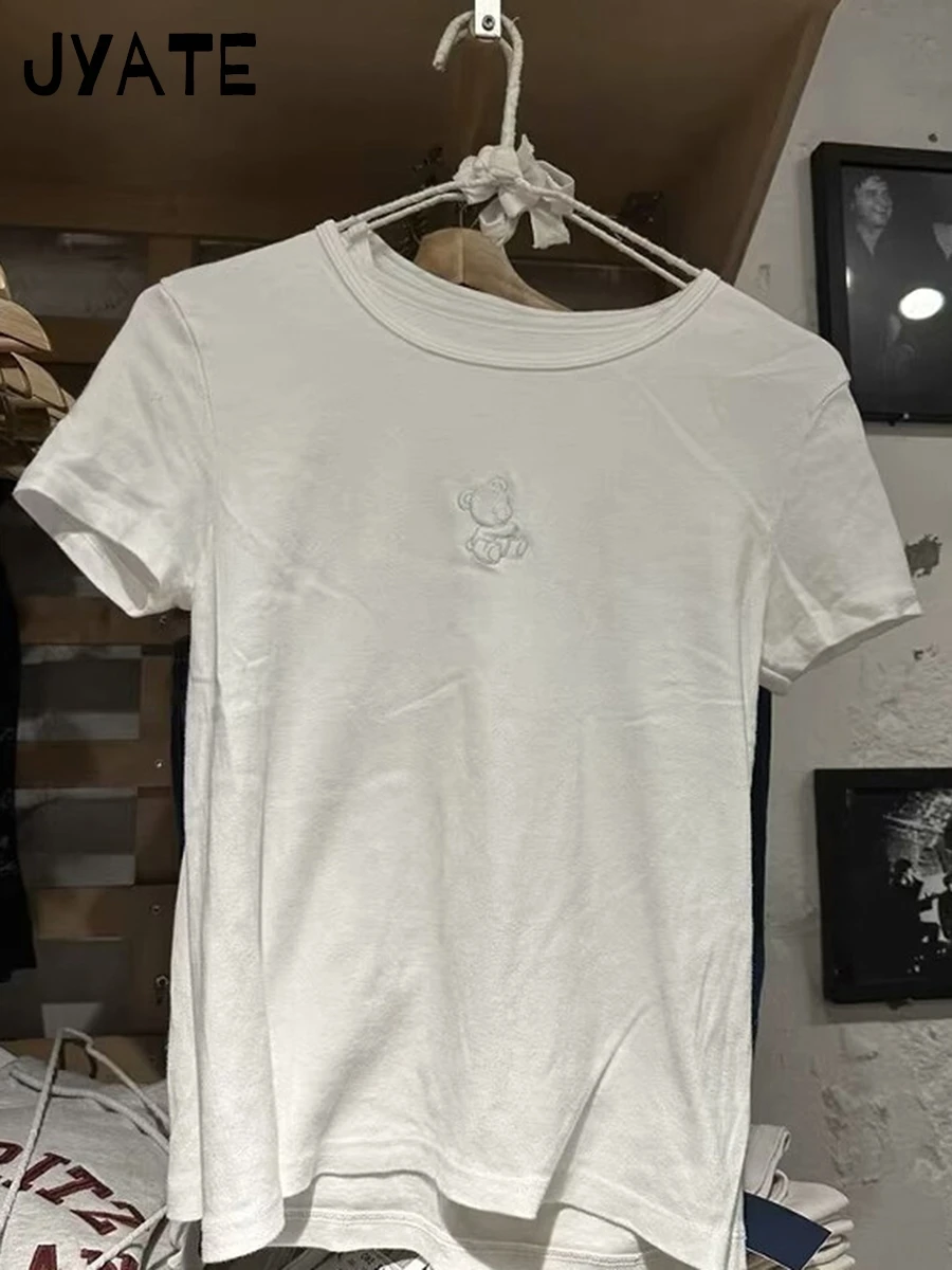 

Sweet Little Bear Embroidery O-neck Short Sleeve Tee Women Preppy Style Cotton Casual Simple Tops Cute Vintage Chic T-shirts Y2K