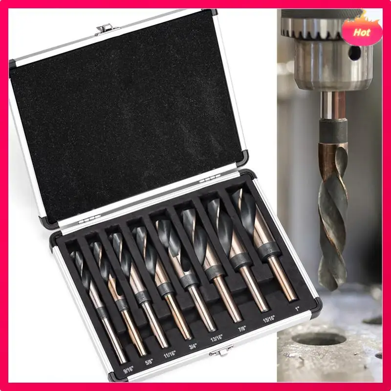 Set di punte da trapano in argento e deming da 8 pezzi Set di punte da trapano con codolo ridotto Gambo da 1/2 pollice di diametro, dimensioni da 9/16 pollici a 1 pollice