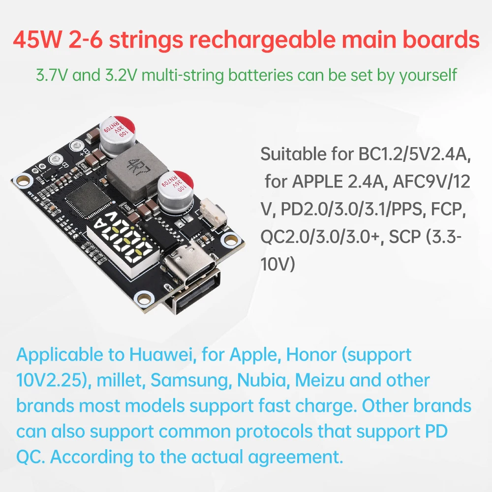 2-6S 45W Power Bank Bidirectional Fast Charging Mobile Power Module With Digital Display Type-C USB PD3.0 Charging Board