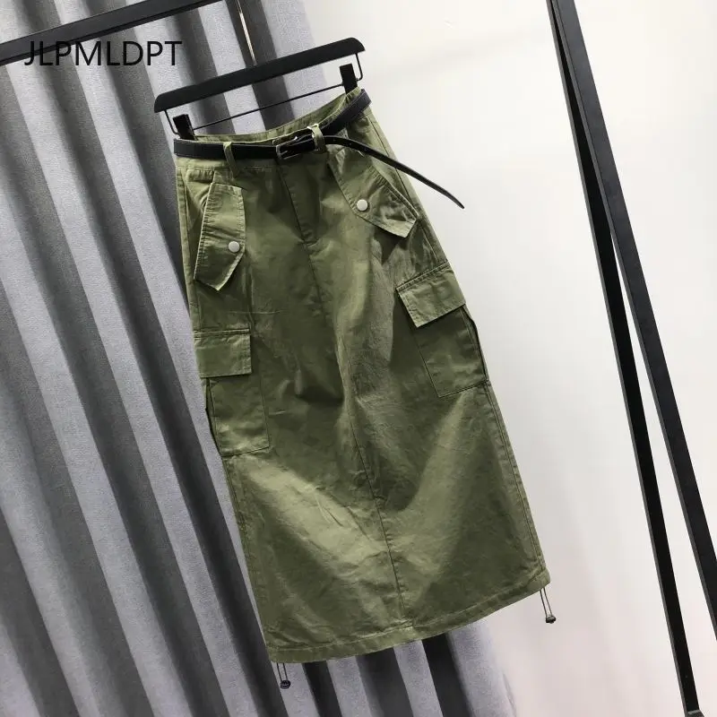 Falda vaquera de cintura alta verde militar para mujer, moda Primavera Verano 2025, vestido informal holgado con herramientas con palabra A