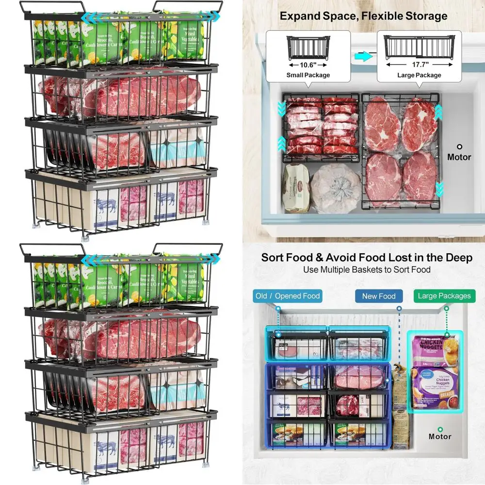 

Expandable Stackable Freezer Bins for 10-20 Cu.FT Chest, 4-Pack, Large Deep Organizers for Efficient Food Storage
