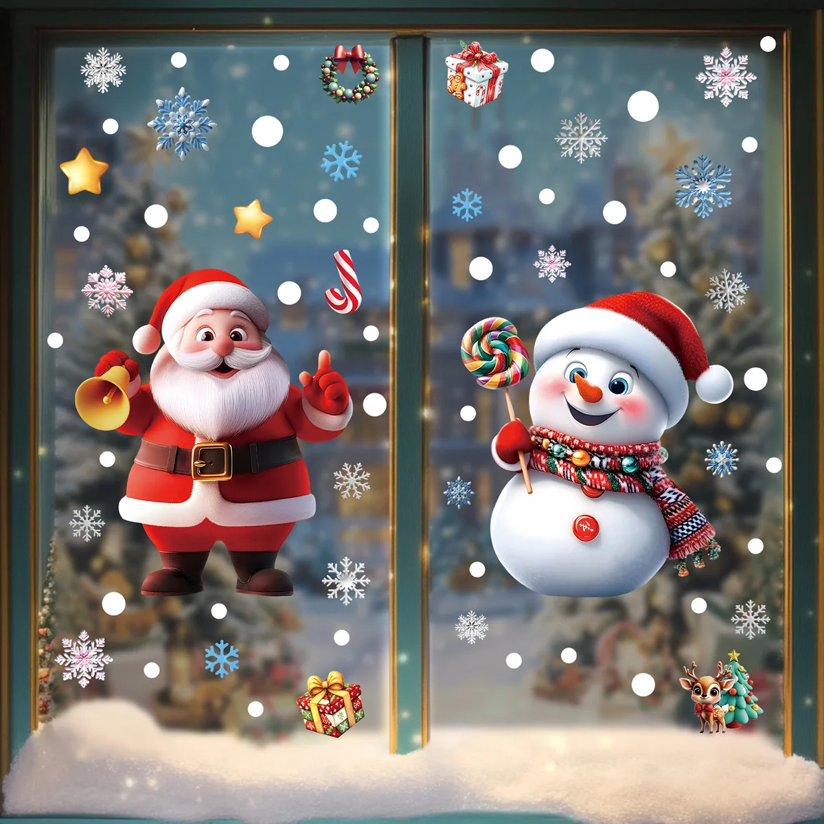 Christmas Festive Holiday Window Stickers - Gingerbread Snowman Snowflake Santa Claus Static Clings for Xmas Party Home Decor