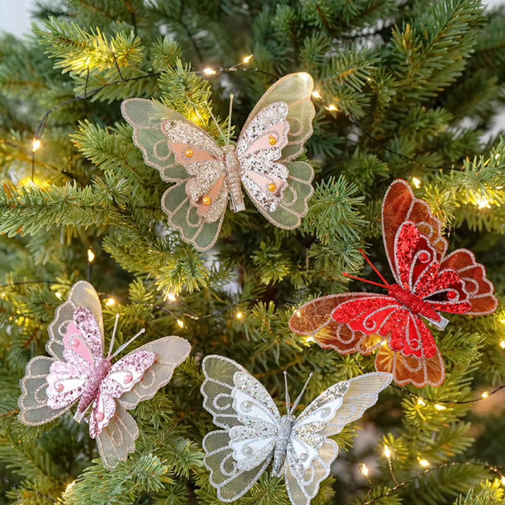 Elegant Glitter Butterfly Pendant Christmas Tree Hanging Decoration Sparkling Double Layer Artificial Insect Holiday Supplies