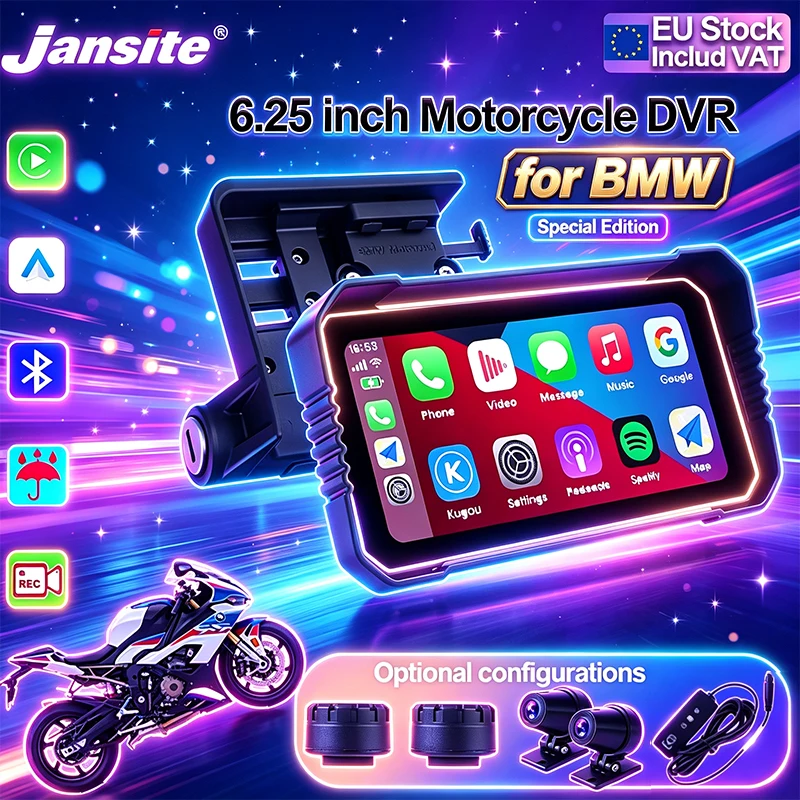 Écran Jansite de 6,25 pouces pour BMW, navigation GPS étanche pour moto, Carplay sans fil, Android Auto, moniteur de recul, caméra de moto pour une conduite en toute sécurité.
