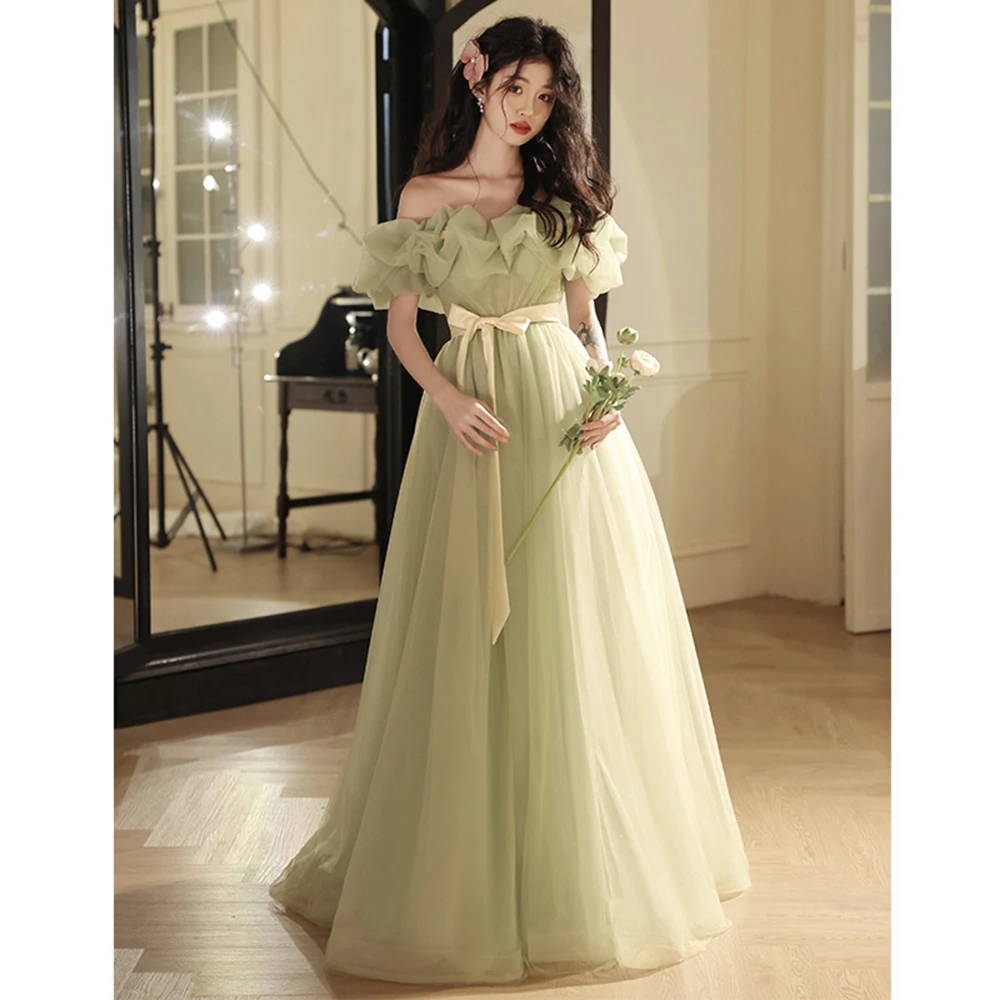 Elegant Light Green Evening Dress Women\'s Light Luxury Pleated Off Shoulder Collar Prom Gown Lace Up Belt A-Line Party Vestido